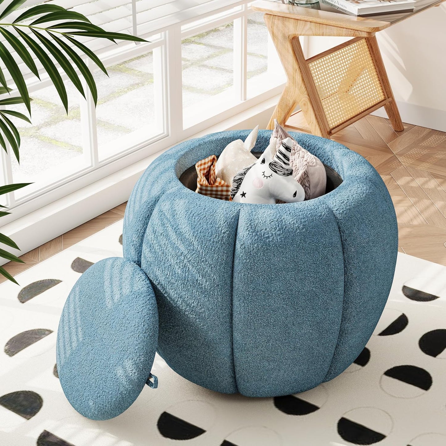Storage Ottoman, Round Ottoman with Storage, Upholstered Soft Vanity Stool for Living Room, Foot Stool Ottoman for Bedroom, Entryway (Navy Blue)