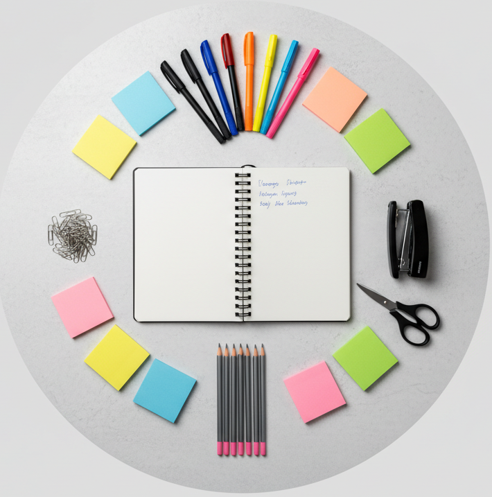 circle photo of office supplies, make a real photo
